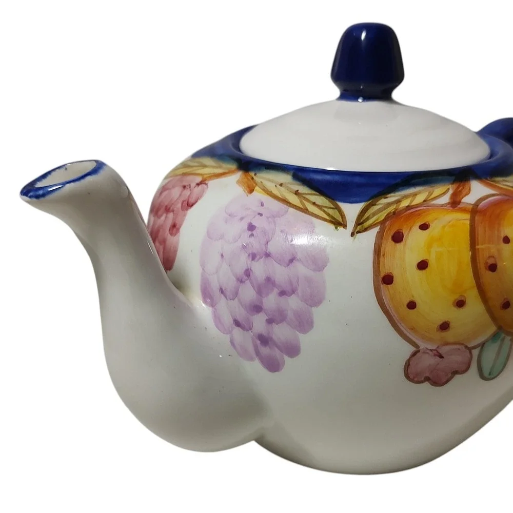 BIA Cordon Bleu International Teapot with Lid Hand Painted Fruit Blue Trim SEE‎